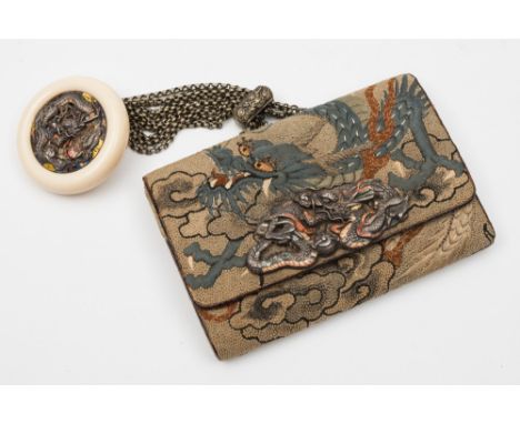 A Japanese silver and enamel mounted tobacco pouch and ivory Kagamibuta netsuke: the pouch embroidered with a view of Mount F