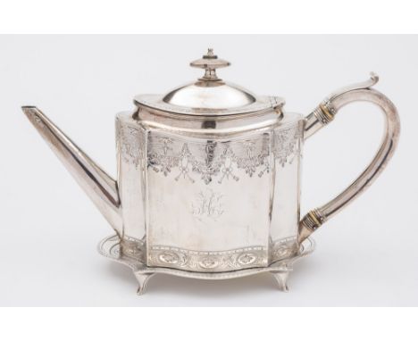 A George III silver teapot, maker I.R possibly John Robins, London, 1793: initialled,  of oval outline with serpentine-shaped