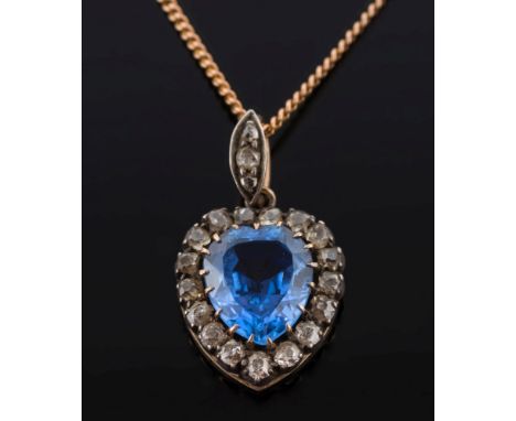 A late 19th century gold, sapphire and diamond heart shaped pendant: with central, heart shaped sapphire approximately 2.5cts