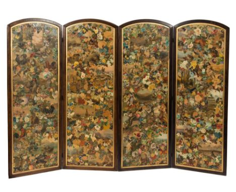 A Victorian four fold scrap screen:, the domed panels within plain gilt slips and oak domed surrounds, each panel 192cm (6ft 