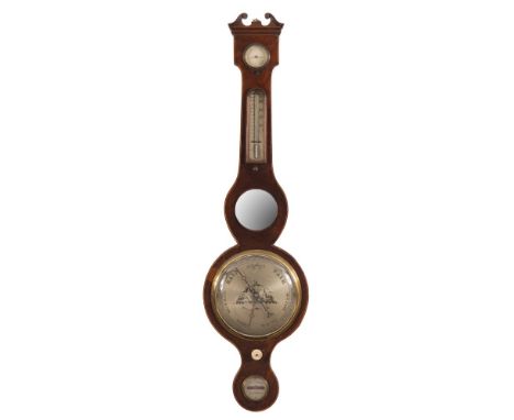 Ceppi & Shelbourne, Grantham, a mahogany wheel barometer: the eight-inch silvered dial with engraved decoration to the centre