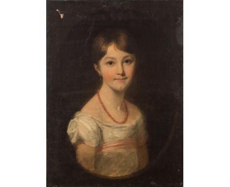 Circle of John Hoppner [1758-1810]-
Portrait of a young girl:, bust-length
wearing a white dress and coral necklace
painted o