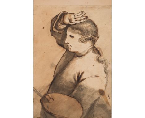 Circle of George Romney [1734-1802]-
A portrait of an artist, standing three-quarter length, a palette in his left hand, the 