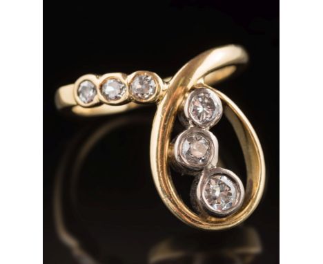 An 18ct yellow gold and diamond six-stone ring: believed to have been commissioned by 'Osiris' (Cheshire) with graduated, old