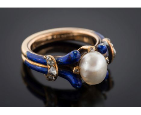 A mid 19th century blue enamelled gold, pearl and diamond ring: with central baroque pearl approximately 8mm x 7mm, secured b