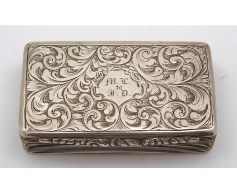 A Victorian silver snuff box, maker Francis Clark, Birmingham, 1845: initialled, of rectangular outline, with chased scroll d