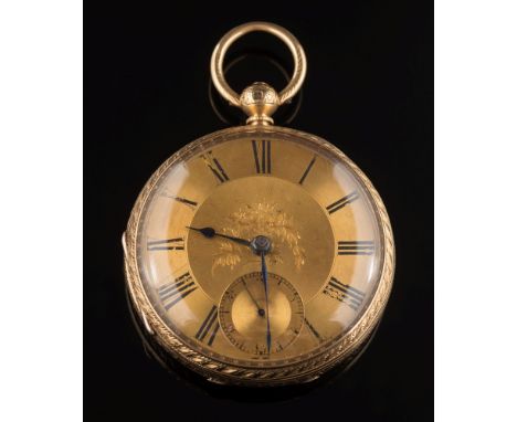 A gentleman's 18ct gold key-wound open face pocket watch: the foliate engraved and engine-turned dial with Roman numerals and