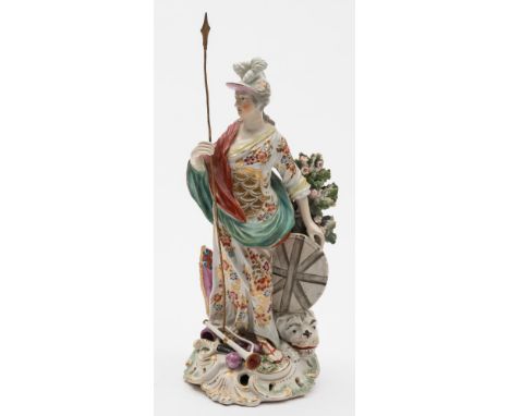 A Derby porcelain figure of Britannia: modelled standing in draped cloak with helmet, breastplate and shield, holding a metal