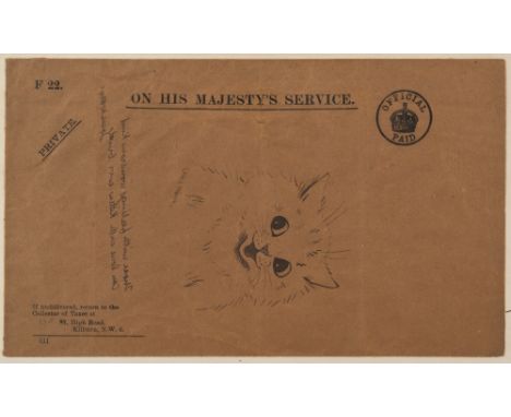 Louis William Wain [1860-1939]-
Smiling Kitten:
pen and ink drawing on a Collector of Taxes envelope
signed lower left
furthe