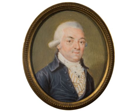 English School 18/19th Century-
A miniature portrait of a gentleman:-, head and shoulders, wearing a powdered wig and a white