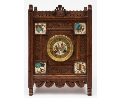 Henry Marc, Paris, an Aesthetic Movement oak mantel clock with tile mounts: the eight-day duration movement striking the hour