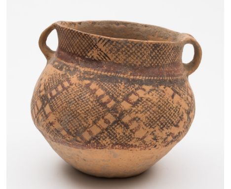 A Neolithic-style painted pottery jar: with globular body and flared neck with two loop handles, painted in black and red-bro