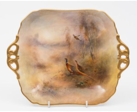 A Royal Worcester sandwich plate: of rectangular form and enamelled by James Stinton with pheasant in a wooded landscape, sig