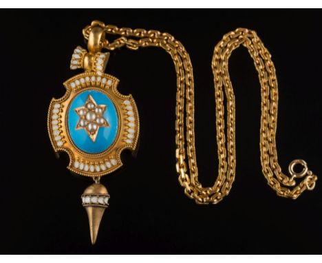 A mid/late Victorian enamelled gold and split pearl oval pendant: the central domed oval panel decorated with turquoise ename