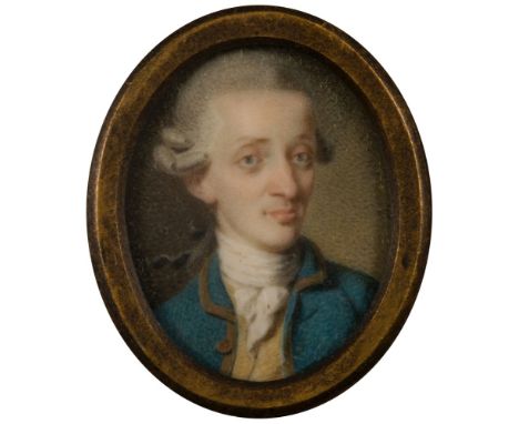 English School 18th Century-
A miniature portrait of a gentleman, head and shoulders, with blue eyes, wearing a powdered wig,