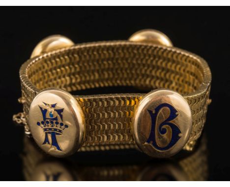 A 19th century gold mesh bracelet: with four applied enamelled oval lockets, each containing a glazed portrait miniature and 