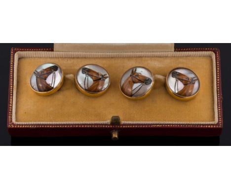 A pair of gold and reverse painted crystal intaglio horse portrait cuff-links: each circular crystal 14.4mm diameter, painted