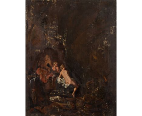 Manner of Cornelius Van Polenburgh [18th Century]-
Calypso with treasures and hounds in a cave:-
oil on panel
34.5 x 27.5cm, 