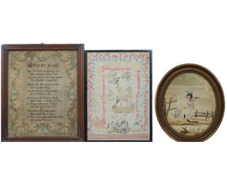 A George III silk work sampler: the central verse 'Advice to Youth' enclosed by a floral meander border, worked by Phobe Wrig