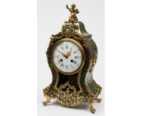 A French green boulle mantel clock: the eight-day duration movement striking the hours and half-hours on a bell, the backplat