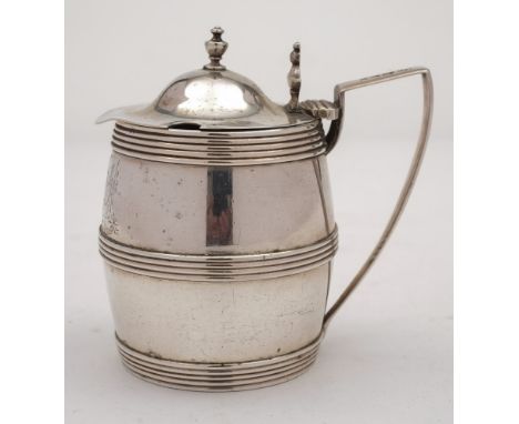 A George III Scottish silver mustard pot, maker James Dempster, Edinburgh, 1804: crested, of barrel-shaped outline having a s