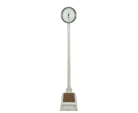 A set of Salter 'The Albion' cast iron tall bathroom scales: the eye-level circular scale on a slender column on a rectangula