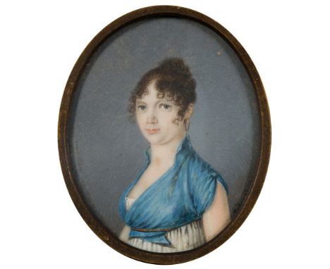 Huber [German/North European School early 19th Century]-
A miniature portrait of a young lady:- bust-length, with dark curlin