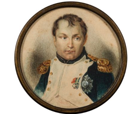 French School 19th Century-
A miniature portrait of Napoleon, head and shoulders:-
watercolour on card, tondo 8cm diameter,
t
