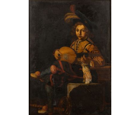 Manner of Michelangelo Caravaggio
late 18th/19th Century-
The Lute Player:-, a young courtesan seated playing a string instru