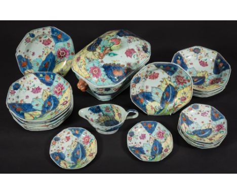 A Chinese Export 'Tobacco Leaf' part dinner service: of octagonal form,  decorated in bright famille rose colours, underglaze