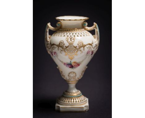 A fine Royal Worcester two-handled reticulated and 'jewelled' vase by George Owen and Harry Chair: of ogee form with foliate 