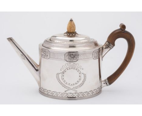 A George III  silver teapot, maker CF possibly Crispin Fuller, London, 1794: of oval form,  with shallow domed hinged lid wit