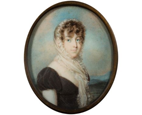 English School late 18th Century-
A miniature portrait of a young lady,
head and shoulders with red curling hair and blue eye