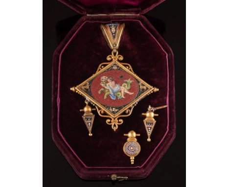 A 19th century Italian gold and micro-mosaic lozenge-shaped pendant/ brooch: the micro-mosaic panel depicting a reclining mal