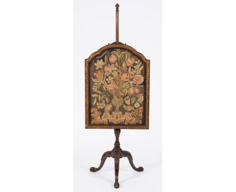 A carved walnut polescreen in the early 18th Century taste:, having an adjustable cartouche machine tapestry panel of an urn 
