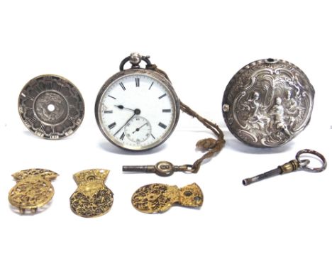 A SILVER OPEN FACED POCKETWATCH  with a repousse outer case for a pair cased watch; a silver dial from an 18th Century pocket