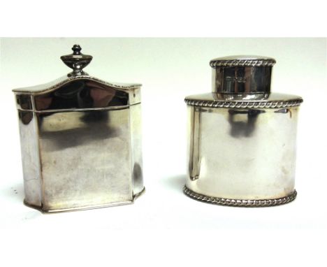 A LATE VICTORIAN SILVER TEA CADDY  by H. Atkin, Sheffield 1895, oval outline with cord borders, pull off cover, 9.5cm high, 1