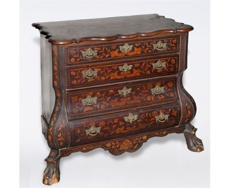 A DUTCH MARQUETRY BOMBE FRONT COMMODE  with allover inlaid decoration depicting birds, vases of flowers and trailing foliage,