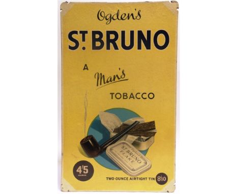 AN OGDEN'S ST. BRUNO TOBACCO PRINTED SHOWCARD  'A Man's Tobacco', depicting a smoking pipe and an open tobacco tin, 70.5cm x 