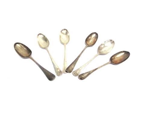 A COLLECTION OF SIX BOTTOM MARKED SILVER TABLESPOONS  various makers and dates, two with shell backs; one with a fancy scroll