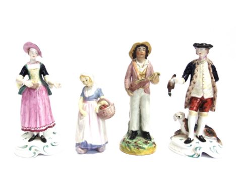 FOUR ASSORTED CERAMIC FIGURES  including Royal Doulton 'Annette', Staffordshire figure of a man holding a musical instrument,