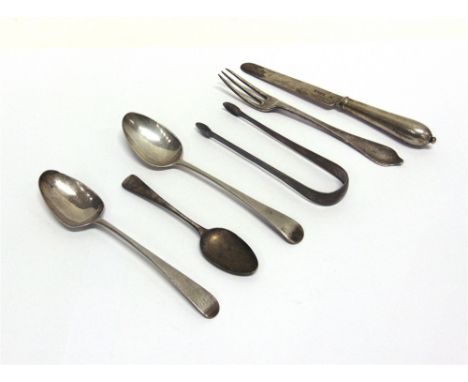 A SMALL COLLECTION OF SILVER FLATWARE  comprising a Brittania standard dog nose three prong fork; two Georgian silver dessert