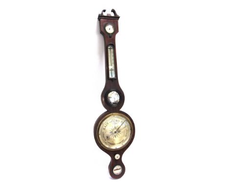 A VICTORIAN MAHOGANY BANJO BAROMETER/THERMOMETER/HYDROMETER with 8' silvered dial, signed 'A PAGANI NOTTINGHAM', 99cm high ov