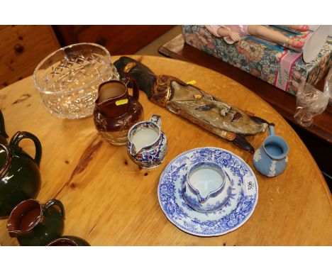 A heavy cut glass fruit bowl; a Doulton style harvest ware jug; an ironstone pattern jug; two blue and white Spode items; a f