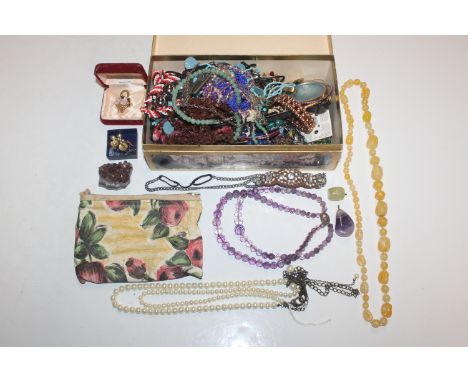 A dome topped box and contents of various costume jewellery to include bead necklaces, wrist watch, compact etc.