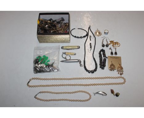 A pair of Monet ear-rings; pen knives costume jewellery and two Japanese pearl necklaces 