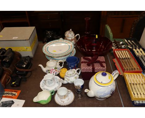 Two Victorian porcelain comports, a ruby glass decanter and bowl, various teaware etc.