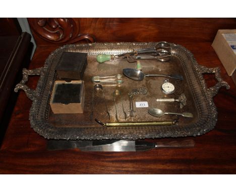 A large plated tray; a quantity of Magic Lantern slides; pocket watch; various cutlery etc.