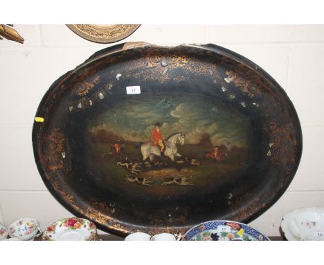 A Victorian papier mâché tea tray decorated with a hunting scene AF