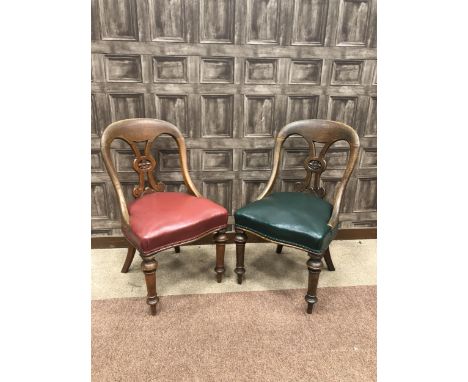 SET OF SIX VICTORIAN OAK SINGLE CHAIRS, the arched bow back with pieced vase shaped splat with central rosette, upholstered s